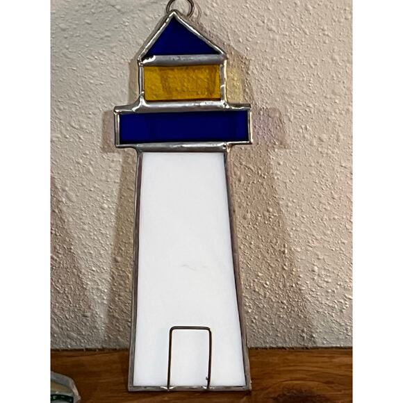Lot of 2 Lighthouse Ornaments Stained Glass & Glitter Resin Coastal Beach Decor - Picture 5 of 7